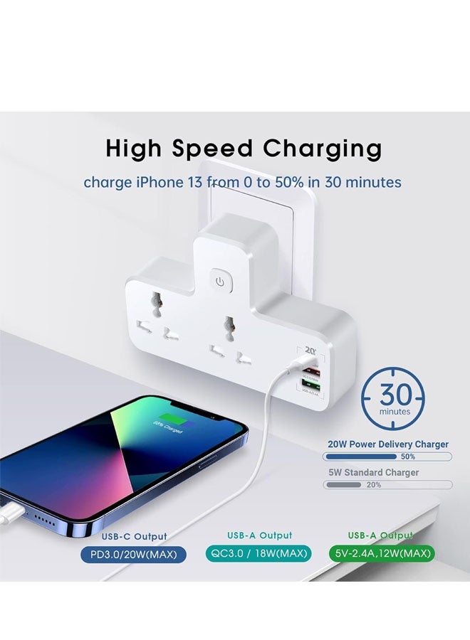 Bukela Power Adapter Multi Plug Extension with 20W USB-C PD Fast Charge Port Type-C, 2 USB QC3.0 Smart Power, 2 Universal Outlets Power Extender Socket, UK 3-Pin Adaptor with Light for Home, Office - Image 3