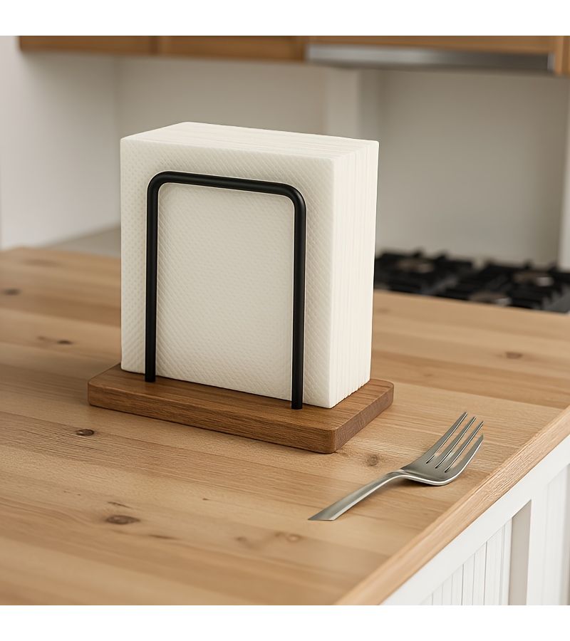Stainless Steel Napkin Holder With Solid Wood Base Set For Bathroom Living Room Countertop - Image 5