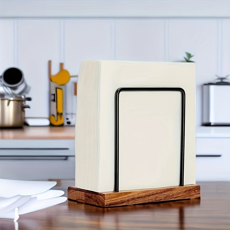 Stainless Steel Napkin Holder With Solid Wood Base Set For Bathroom Living Room Countertop - Image 2