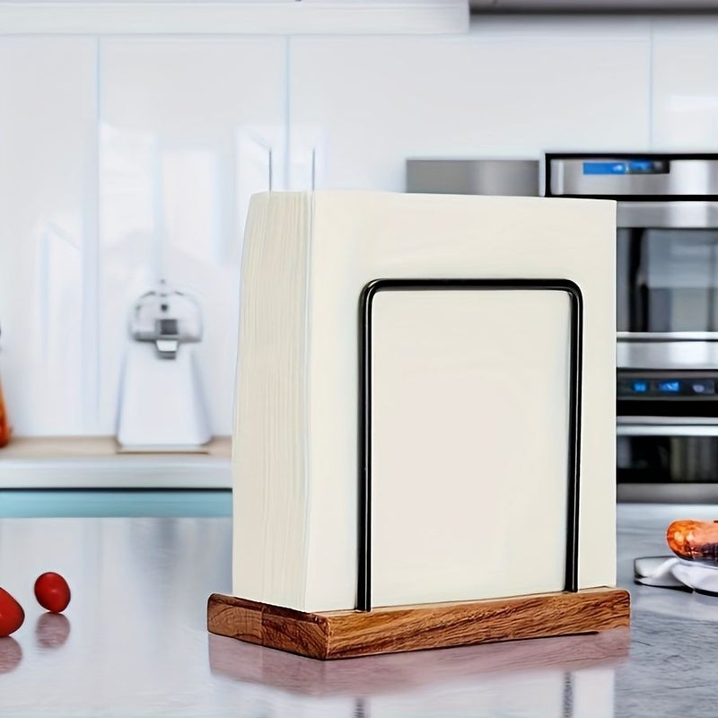 Stainless Steel Napkin Holder With Solid Wood Base Set For Bathroom Living Room Countertop - Image 4