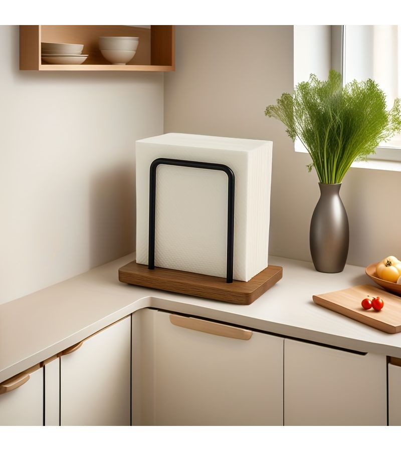 Stainless Steel Napkin Holder With Solid Wood Base Set For Bathroom Living Room Countertop - Image 1