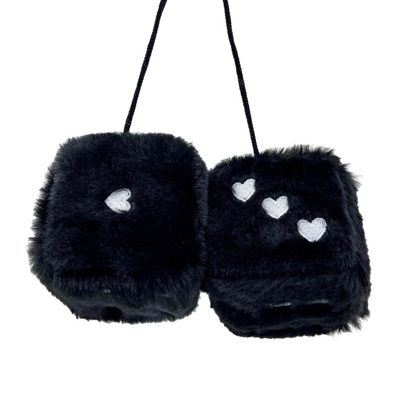 Lutoku Heart Embroidered Black Fuzzy Plush Dice 3Inch Decorative Car Mirror Hanging Ornaments Soft Foam Easy Install Great Gift Idea Black - Image 3