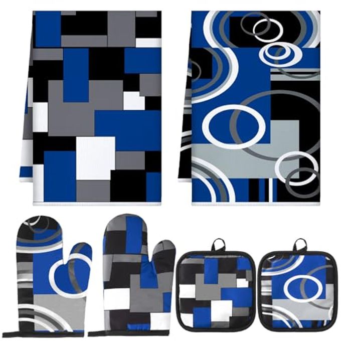 Jingmore 6 Pcs Kitchen Decor Set Accessorie Farmhouse Kitchen Towels Pot Holders Oven Mitts Set 2 Dish Towels 2 Pot Holders 2 Cooking Mittens Oven Glove for Cooking(Blue and Black,Geometric)