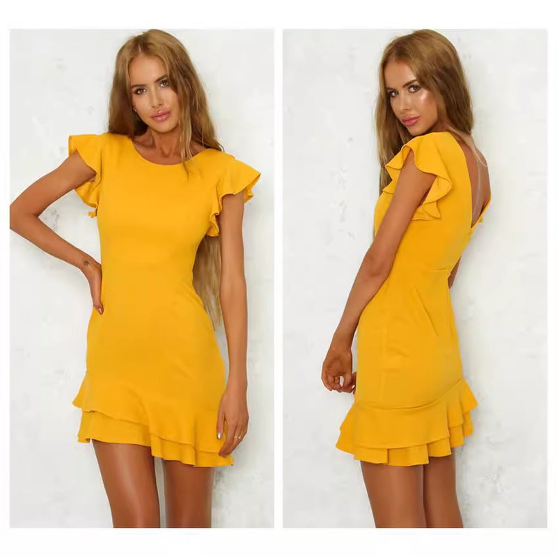 2025 Short Sleeve Crewneck Sexy Dress Summer Yellow Casual Mini Dress Lotus Leaf Sleeve dress - Image 3