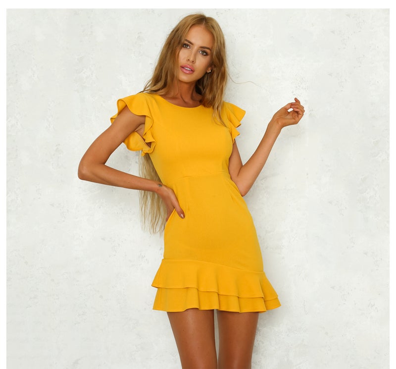2025 Short Sleeve Crewneck Sexy Dress Summer Yellow Casual Mini Dress Lotus Leaf Sleeve dress - Image 1