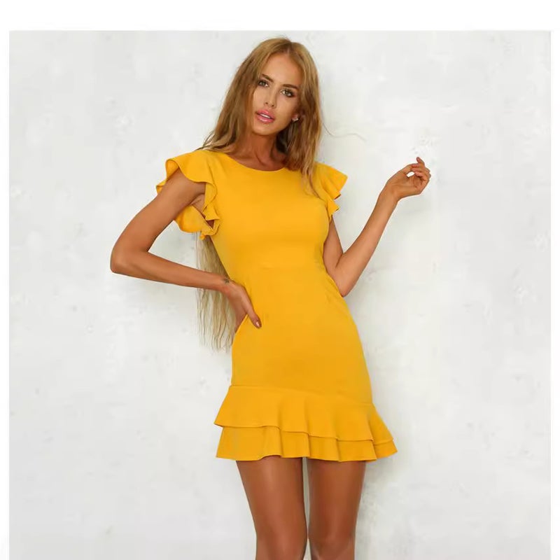 2025 Short Sleeve Crewneck Sexy Dress Summer Yellow Casual Mini Dress Lotus Leaf Sleeve dress - Image 4
