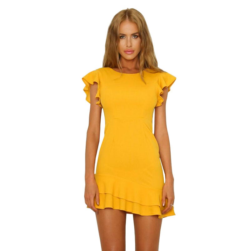 2025 Short Sleeve Crewneck Sexy Dress Summer Yellow Casual Mini Dress Lotus Leaf Sleeve dress - Image 5