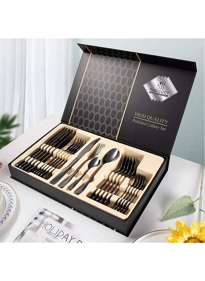 vesus Pieces Silverware Flatware Set with Gift Box, Stainless Steel Utensils Service set for 6, Mirror Polished Cutlery Set,Dishwasher Safe Knife Fork Spoon Tableware set (Black)  - Image 1