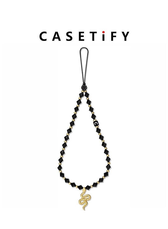 Casetify Gold Snake Black Square Bead Phone Charm Strap, Black Crystal Square Beaded Wrist Lanyard with Golden Snake Pendant, Cool Gothic Fashion Mini Phone Wrist Chain - Image 1