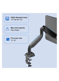 DEWINNER Single Monitor Arm with Gas Spring Arm, Swivel Adjustable in All Directions for 13"-32" Screens Vesa75/100mm with Clamps and Grommet Mounting Base, Load Capacity 4.4-19.8 Lbs (2-9 Kg)  - Image 2