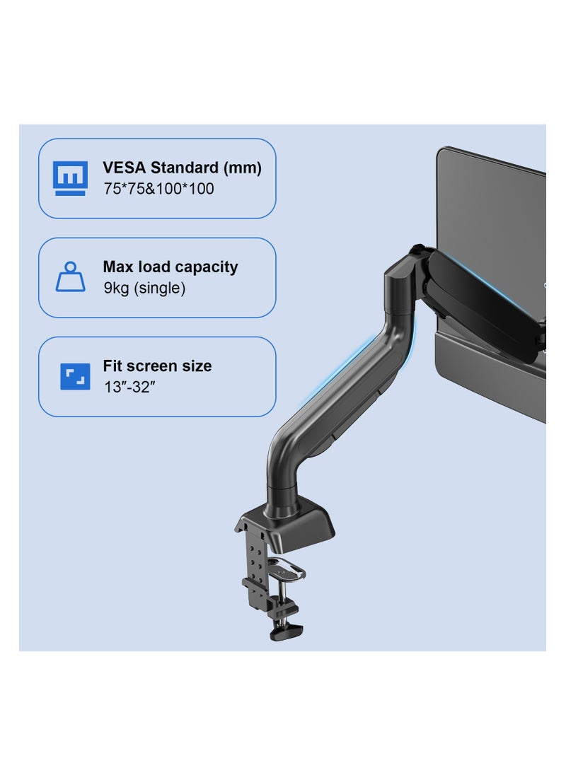 DEWINNER - Single Monitor Arm with Gas Spring Arm, Swivel Adjustable in All Directions for 13"-32" Screens Vesa75/100mm with Clamps and Grommet Mounting Base, Load Capacity 4.4-19.8 Lbs (2-9 Kg) - Image 1