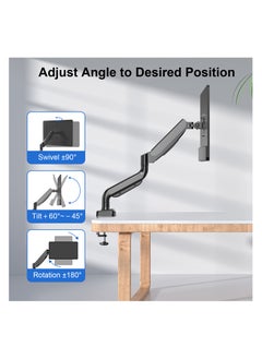 DEWINNER Single Monitor Arm with Gas Spring Arm, Swivel Adjustable in All Directions for 13"-32" Screens Vesa75/100mm with Clamps and Grommet Mounting Base, Load Capacity 4.4-19.8 Lbs (2-9 Kg)  - Image 4