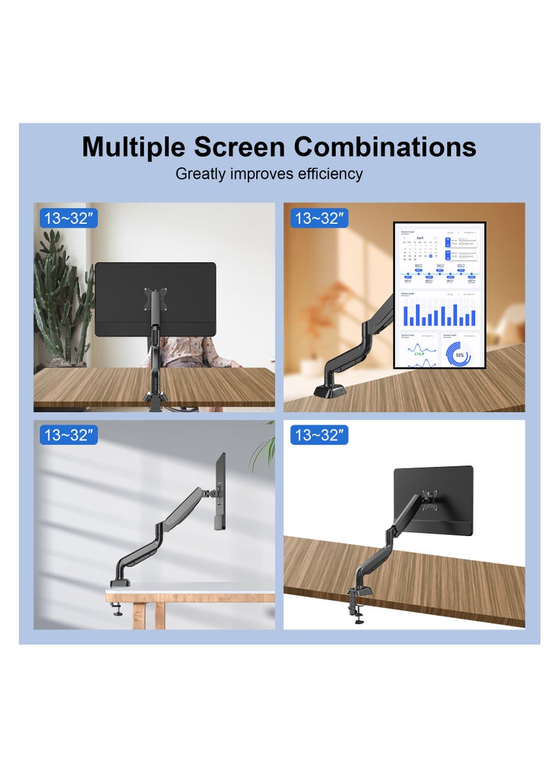 DEWINNER - Single Monitor Arm with Gas Spring Arm, Swivel Adjustable in All Directions for 13"-32" Screens Vesa75/100mm with Clamps and Grommet Mounting Base, Load Capacity 4.4-19.8 Lbs (2-9 Kg) - Image 1