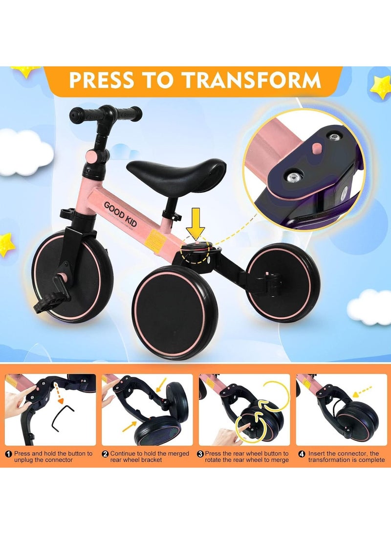 DIGI CORE 4 in 1 Kids Balance Bike Kids Tricycles For 1-4 Years, Toddlers Trike With Adjustable Seat Indoor Outdoor Ride-On Toy For Boys & Girls Perfect Kids First Birthday Gifts Toddler Bike Pink - Image 4