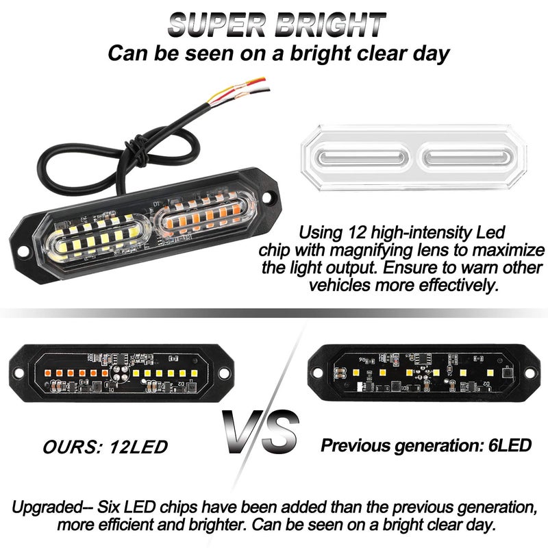 ASPL 8pcs Sync Feature Ultra Slim 12-LED Surface Mount Flashing Strobe Lights for Truck Car Vehicle LED Mini Grille Light Head Emergency Beacon Hazard Warning Lights (Amber/White) - Image 2
