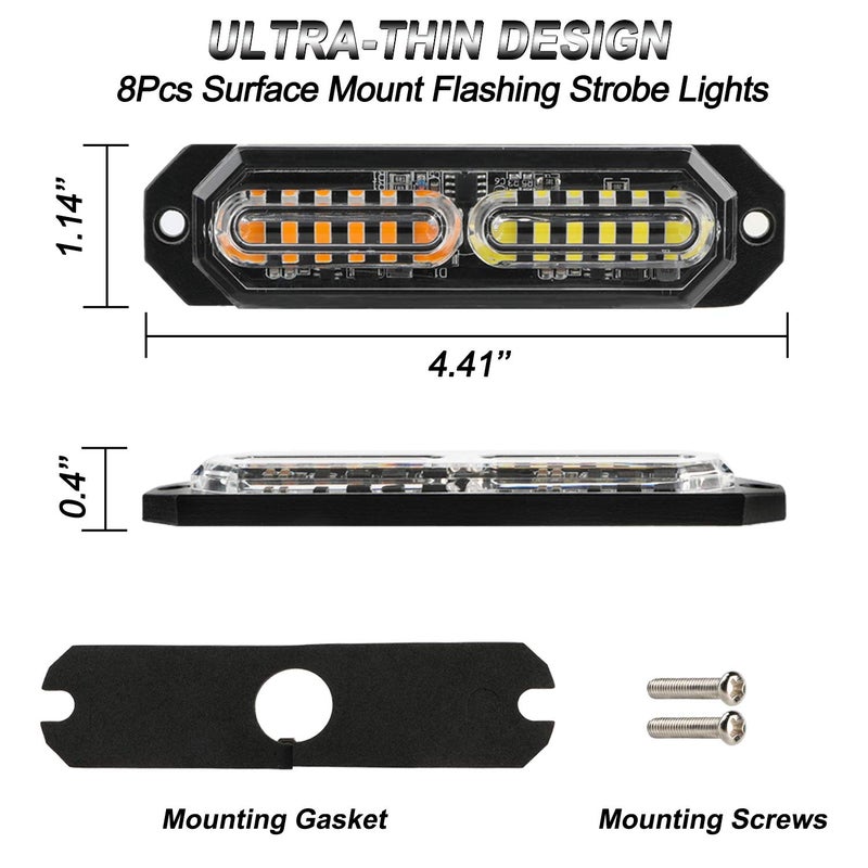 ASPL 8pcs Sync Feature Ultra Slim 12-LED Surface Mount Flashing Strobe Lights for Truck Car Vehicle LED Mini Grille Light Head Emergency Beacon Hazard Warning Lights (Amber/White) - Image 5