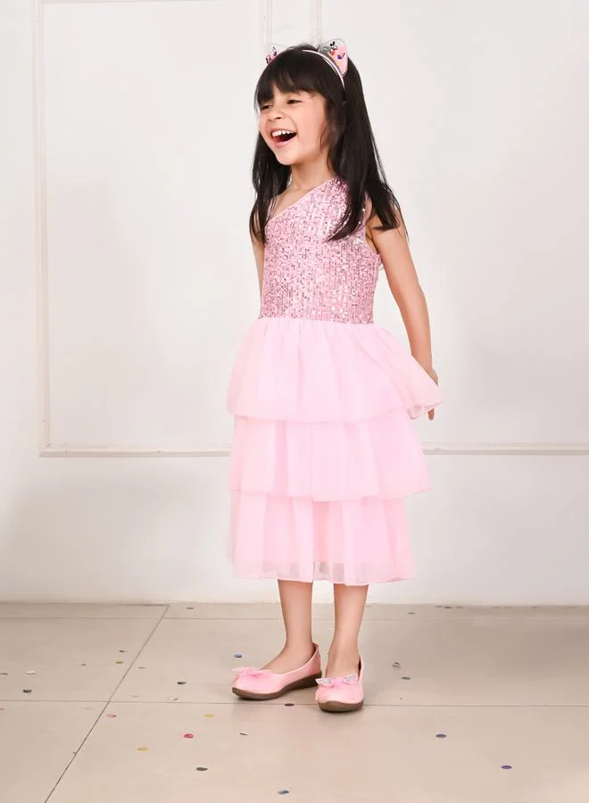 LILPICKS Sequin Detail One Shoulder Neck Mesh Layer Tiered Dress by Styli