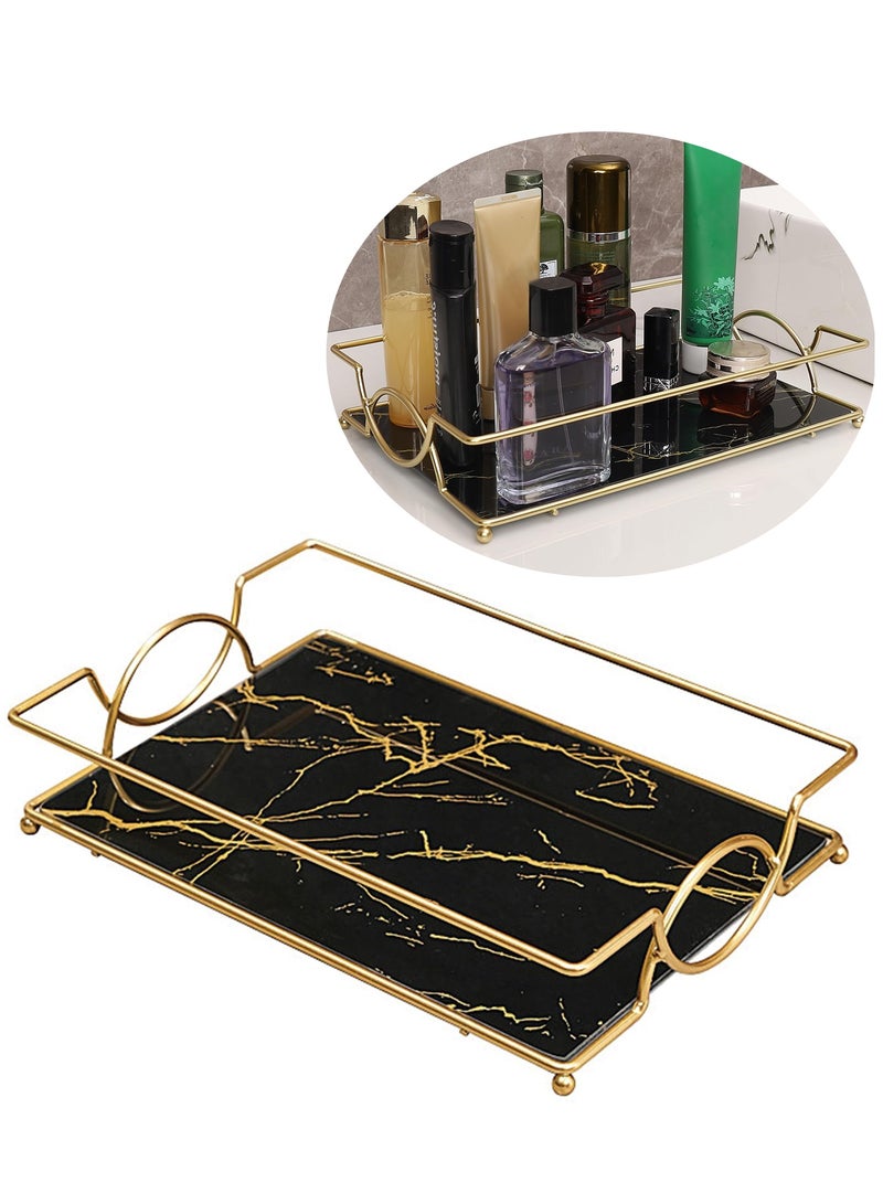 عربست صينية تزيين، صينية فاخرة للحمام، حامل منظم للعطور الزجاجي، صواني تزيين زخرفية لعرض مستحضرات التجميل والعناية بالبشرة للحمام وغرفة النوم (أسود ذهبي) - Image 1
