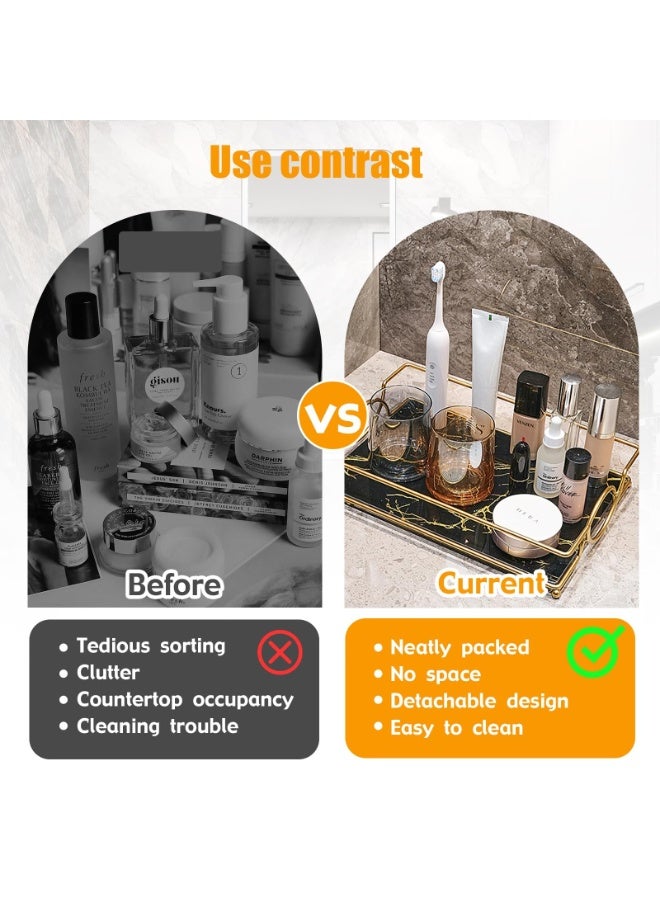 عربست صينية تزيين، صينية فاخرة للحمام، حامل منظم للعطور الزجاجي، صواني تزيين زخرفية لعرض مستحضرات التجميل والعناية بالبشرة للحمام وغرفة النوم (أسود ذهبي) - Image 4