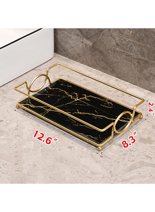 عربست صينية تزيين، صينية فاخرة للحمام، حامل منظم للعطور الزجاجي، صواني تزيين زخرفية لعرض مستحضرات التجميل والعناية بالبشرة للحمام وغرفة النوم (أسود ذهبي) - Image 3