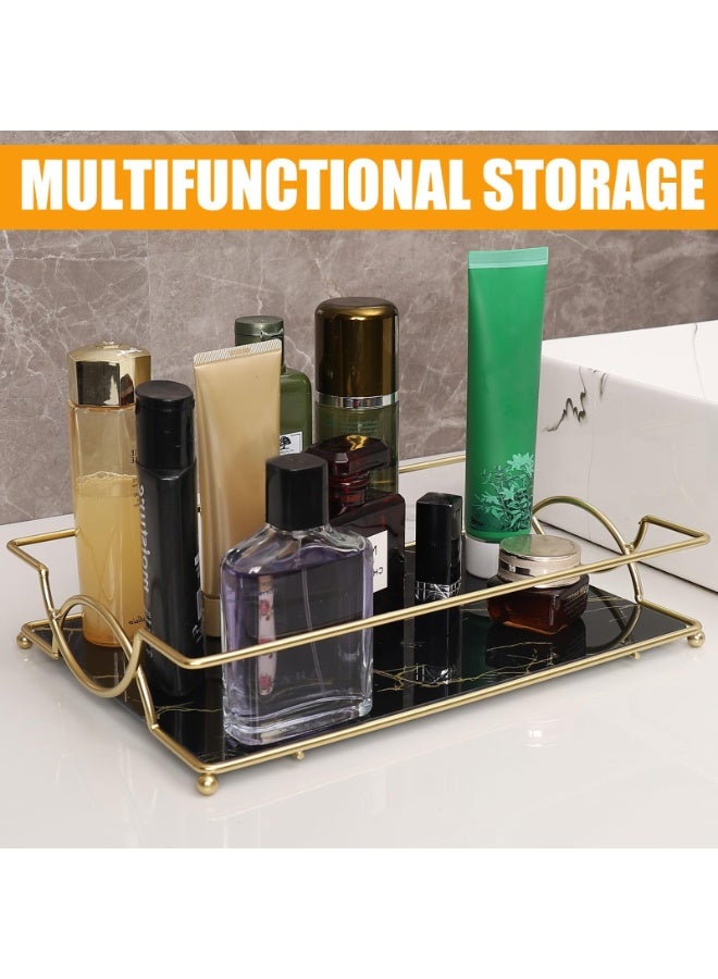 عربست صينية تزيين، صينية فاخرة للحمام، حامل منظم للعطور الزجاجي، صواني تزيين زخرفية لعرض مستحضرات التجميل والعناية بالبشرة للحمام وغرفة النوم (أسود ذهبي) - Image 2