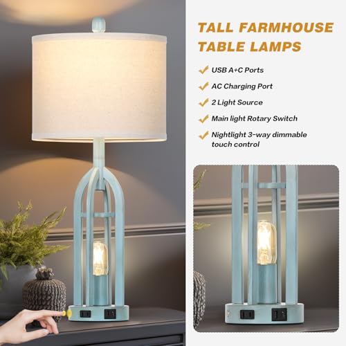 Cinyirong 27" Industrial Farmhouse Table Lamp,Vintage Rustic Blue Beside Lamp with USB A+C Charging Ports & AC Outlet, Metal Nightstand Lamp with LED Night Light for Bedrooms (2 LED Bulbs Included) - Image 2