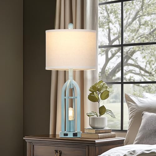 Cinyirong 27" Industrial Farmhouse Table Lamp,Vintage Rustic Blue Beside Lamp with USB A+C Charging Ports & AC Outlet, Metal Nightstand Lamp with LED Night Light for Bedrooms (2 LED Bulbs Included) - Image 5