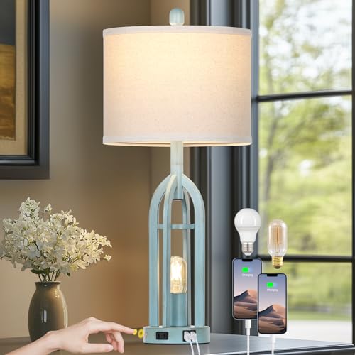 Cinyirong 27" Industrial Farmhouse Table Lamp,Vintage Rustic Blue Beside Lamp with USB A+C Charging Ports & AC Outlet, Metal Nightstand Lamp with LED Night Light for Bedrooms (2 LED Bulbs Included) - Image 1
