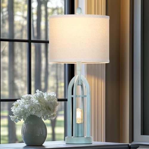 Cinyirong 27" Industrial Farmhouse Table Lamp,Vintage Rustic Blue Beside Lamp with USB A+C Charging Ports & AC Outlet, Metal Nightstand Lamp with LED Night Light for Bedrooms (2 LED Bulbs Included) - Image 4