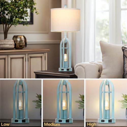Cinyirong 27" Industrial Farmhouse Table Lamp,Vintage Rustic Blue Beside Lamp with USB A+C Charging Ports & AC Outlet, Metal Nightstand Lamp with LED Night Light for Bedrooms (2 LED Bulbs Included) - Image 3