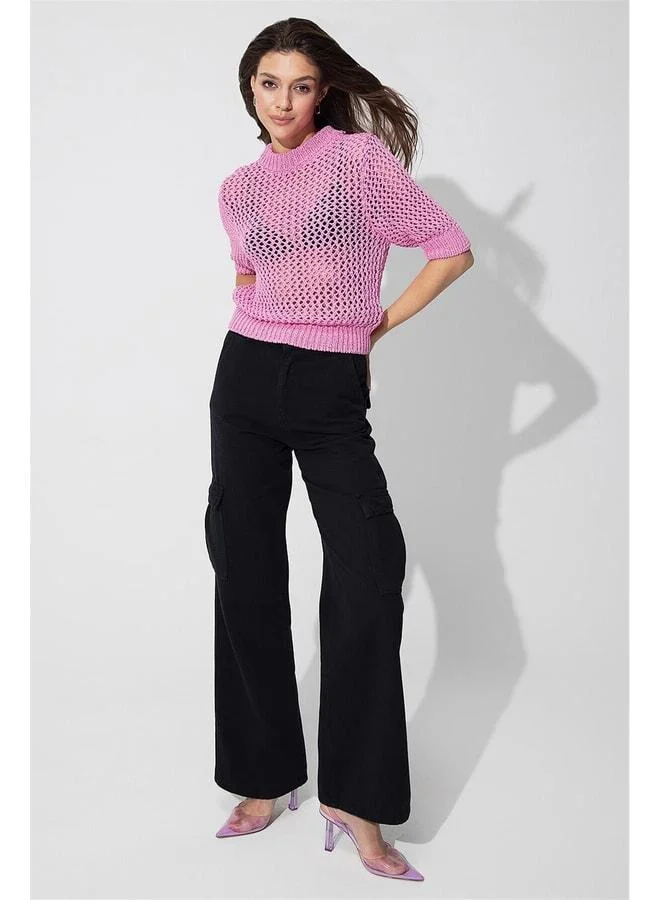 Sherin Pink Polo Collar Lace Sweater.
