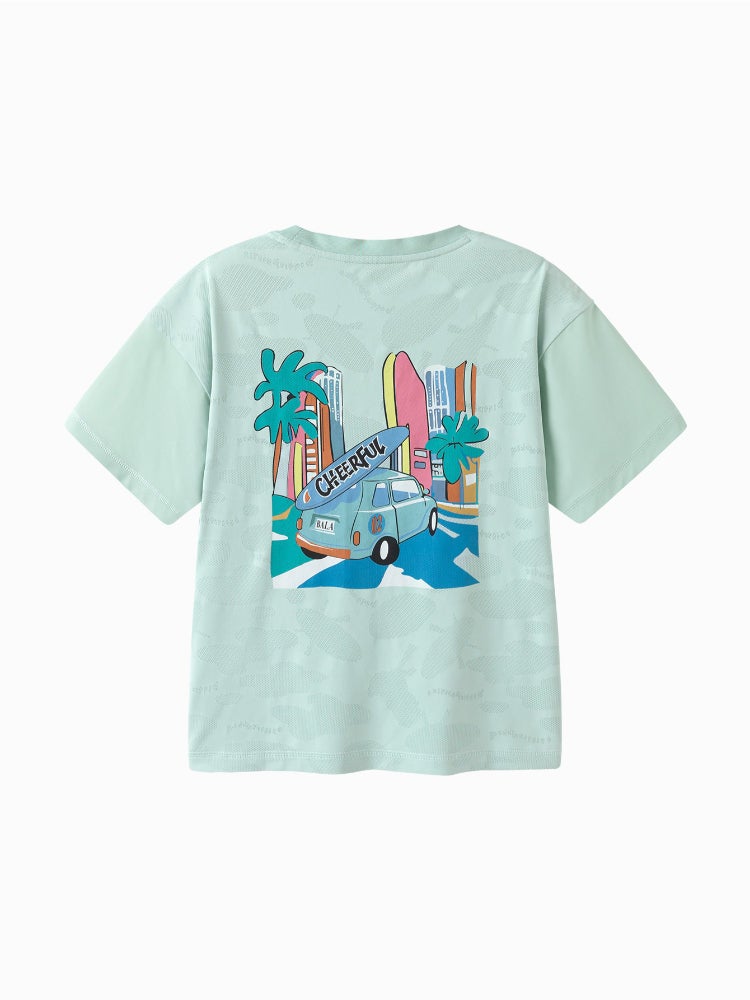 بالابالا تيشيرت بأكمام قصيرة - خامة بنمط منقوش مع طبعة أمامية وياقة دائرية للأولاد - Image 2