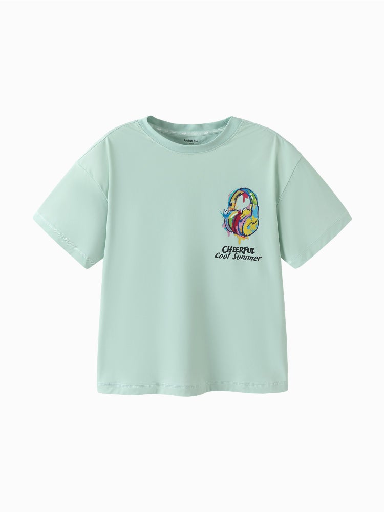 بالابالا تيشيرت بأكمام قصيرة - خامة بنمط منقوش مع طبعة أمامية وياقة دائرية للأولاد - Image 1