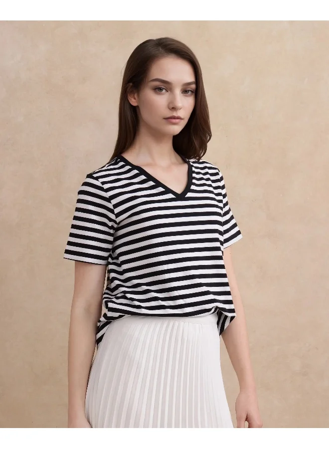 Rareism Women's Striped Floral Print V-Neck T-Shirt