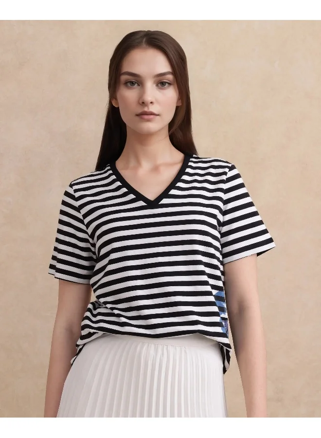 Rareism Women's Striped Floral Print V-Neck T-Shirt