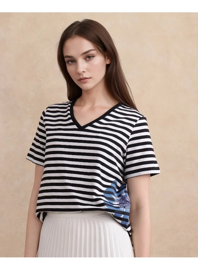 Rareism Women's Striped Floral Print V-Neck T-Shirt