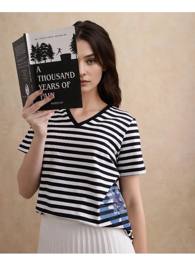 Rareism Women's Striped Floral Print V-Neck T-Shirt