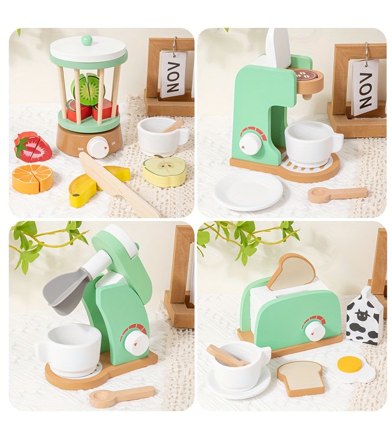 Kids Wooden Kitchen Play Set Coffee Maker Blender Toaster Juicer Interactive Learning Pretend Play Toys Afternoon Tea Role Play Birthday Christmas Gift for Toddlers - Image 3