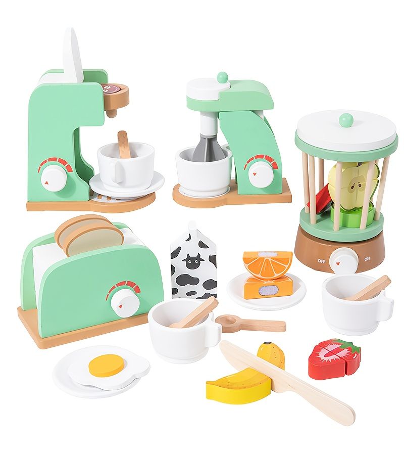 Kids Wooden Kitchen Play Set Coffee Maker Blender Toaster Juicer Interactive Learning Pretend Play Toys Afternoon Tea Role Play Birthday Christmas Gift for Toddlers - Image 1