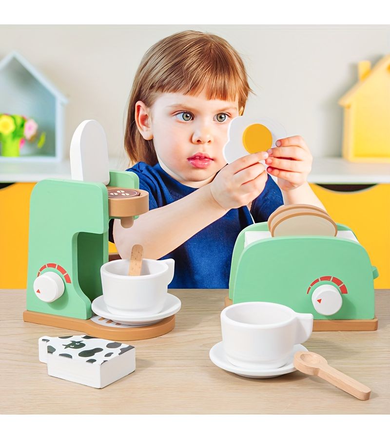 Kids Wooden Kitchen Play Set Coffee Maker Blender Toaster Juicer Interactive Learning Pretend Play Toys Afternoon Tea Role Play Birthday Christmas Gift for Toddlers - Image 2