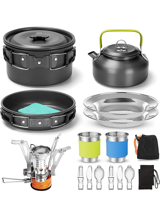X spring Camping Cookware Mess Kit 16pcs Stainless Steel Cooking Set with Kettle and Utensils Portable Camp Kitchen for Outdoor Adventures Picnics and Family Camping Trips - Image 1