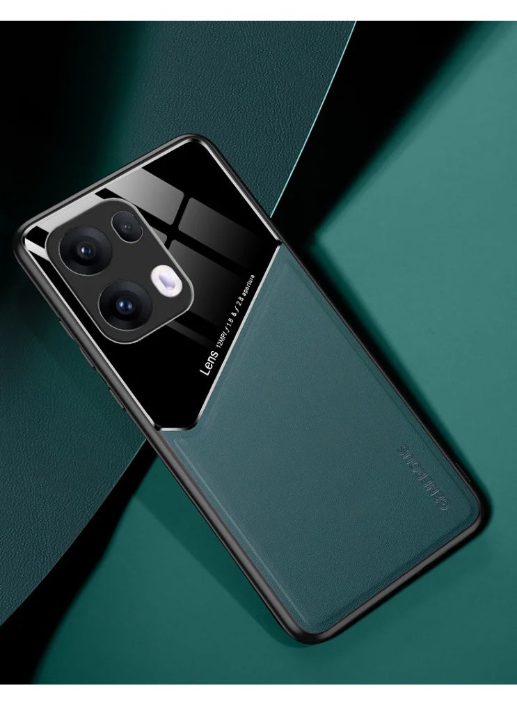 Case Compatible With Oppo Reno 13 Pro 5G Cover Luxury Leather And Glass With Car Magnetic Holder Phone Cover Soft Frame Silicone - Green - Image 1
