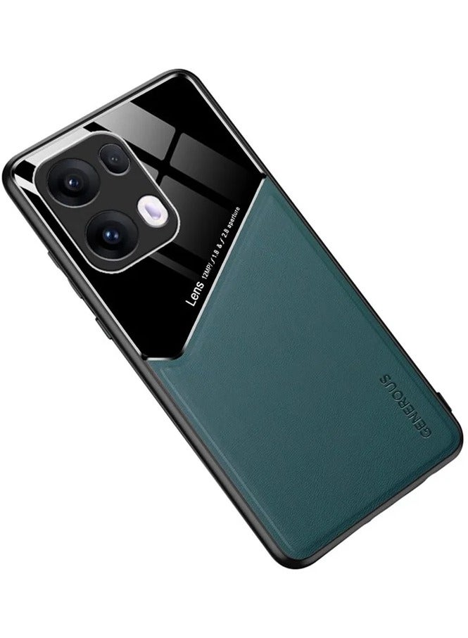 Case Compatible With Oppo Reno 13 Pro 5G Cover Luxury Leather And Glass With Car Magnetic Holder Phone Cover Soft Frame Silicone - Green - Image 2