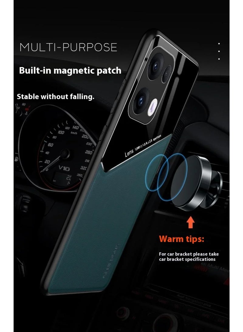 Case Compatible With Oppo Reno 13 Pro 5G Cover Luxury Leather And Glass With Car Magnetic Holder Phone Cover Soft Frame Silicone - Green - Image 3