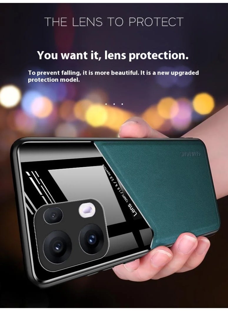 Case Compatible With Oppo Reno 13 Pro 5G Cover Luxury Leather And Glass With Car Magnetic Holder Phone Cover Soft Frame Silicone - Green - Image 4