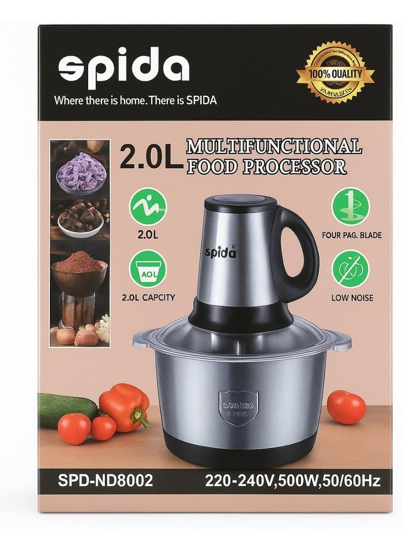 SPIDA Chopper 2L – 500W, Stainless Bowl and Sharp Blades for Fast Prep – Model SPD-ND8002 - Image 2