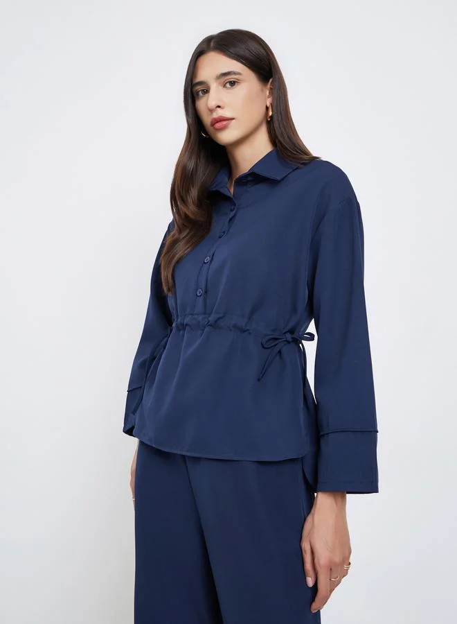 Styli Styli Dark Blue Drawstring Detail Shirt and Pants Co-ords