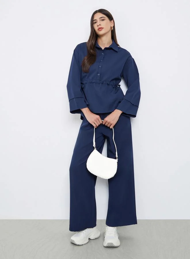 Styli Styli Dark Blue Drawstring Detail Shirt and Pants Co-ords