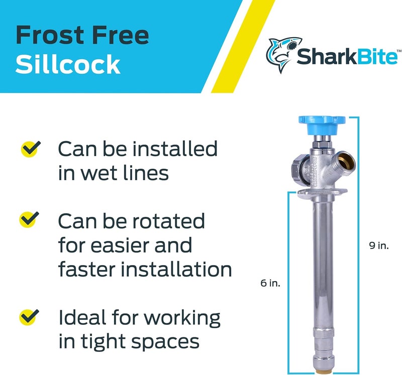 SharkBite 6 Inch Frost Free Sillcock, 1/2 x 3/4 Inch MHT, Push to Connect Brass Plumbing Fitting, PEX Pipe, Copper, CPVC, PE-RT, HDPE, 25744LF - Image 3