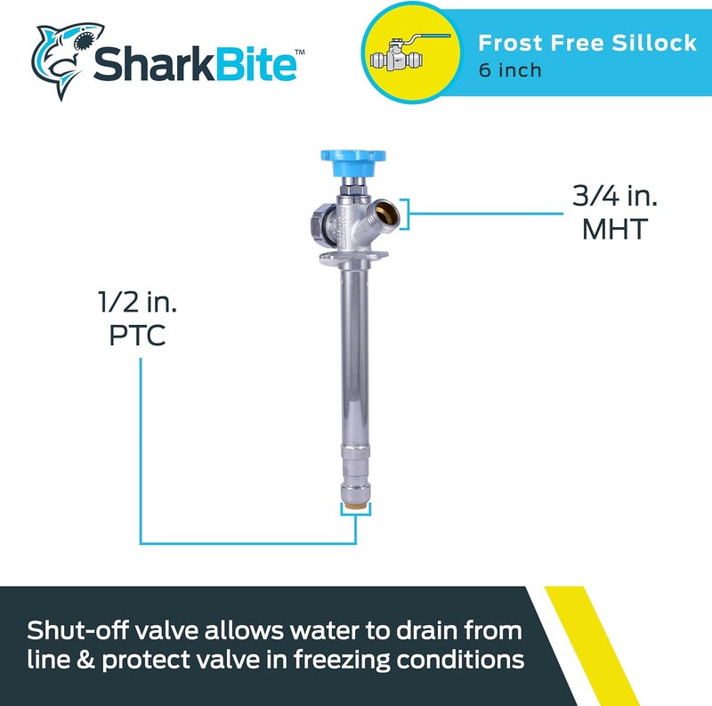 SharkBite 6 Inch Frost Free Sillcock, 1/2 x 3/4 Inch MHT, Push to Connect Brass Plumbing Fitting, PEX Pipe, Copper, CPVC, PE-RT, HDPE, 25744LF - Image 1